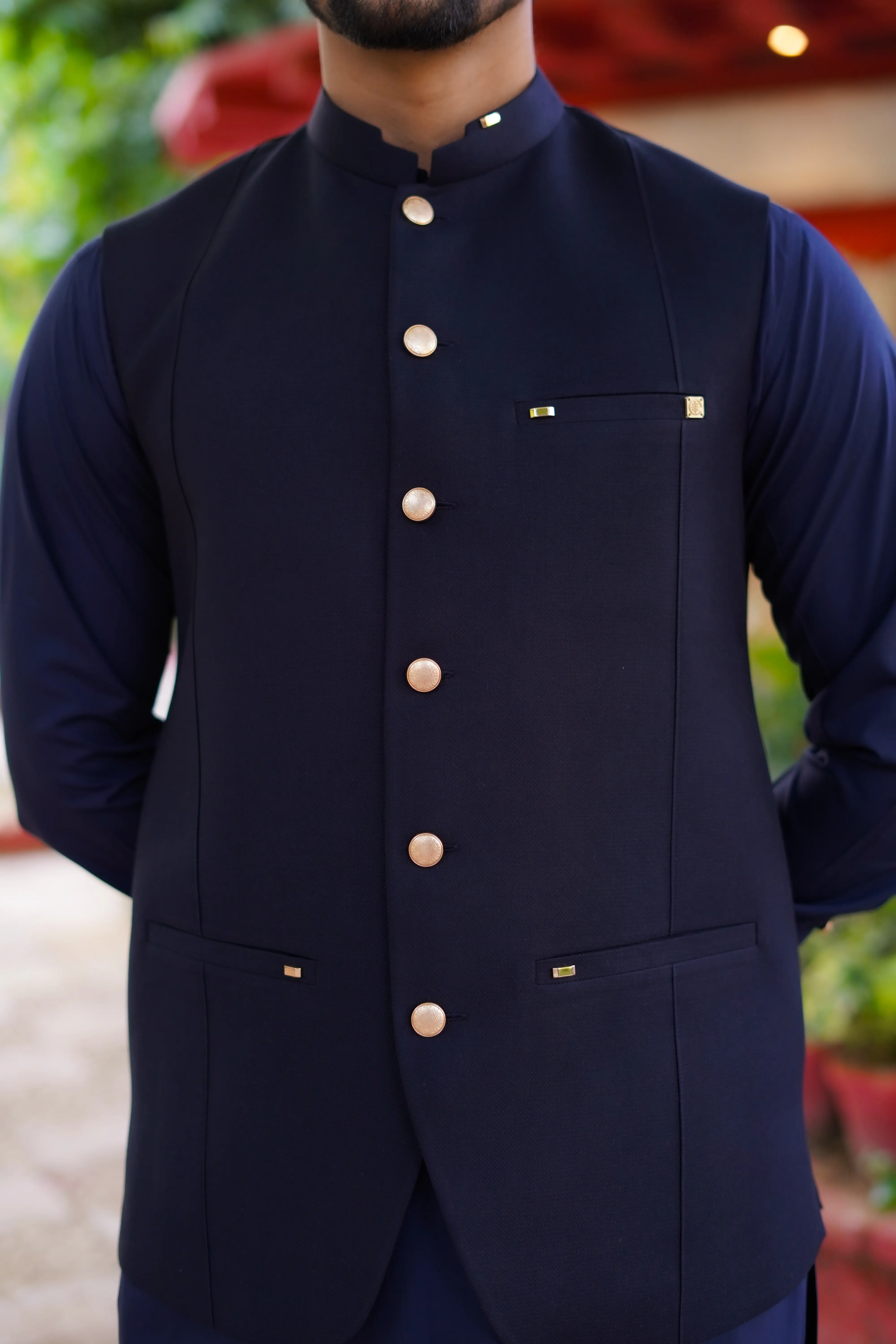 Navy Blue Waistcoat With Premium Golden Metal Accessories