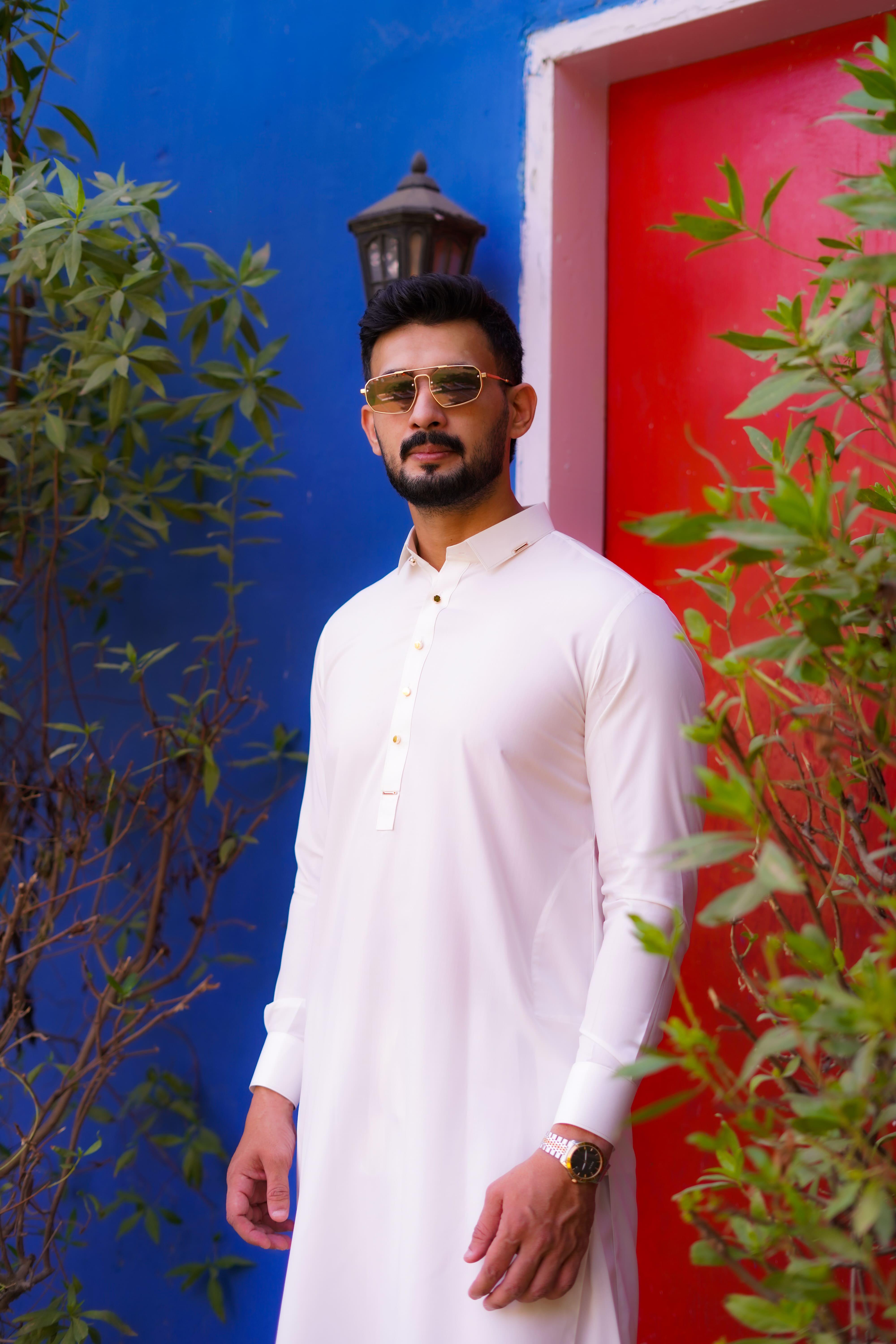 Off White Blended Wash n Wear With Golden Accessories