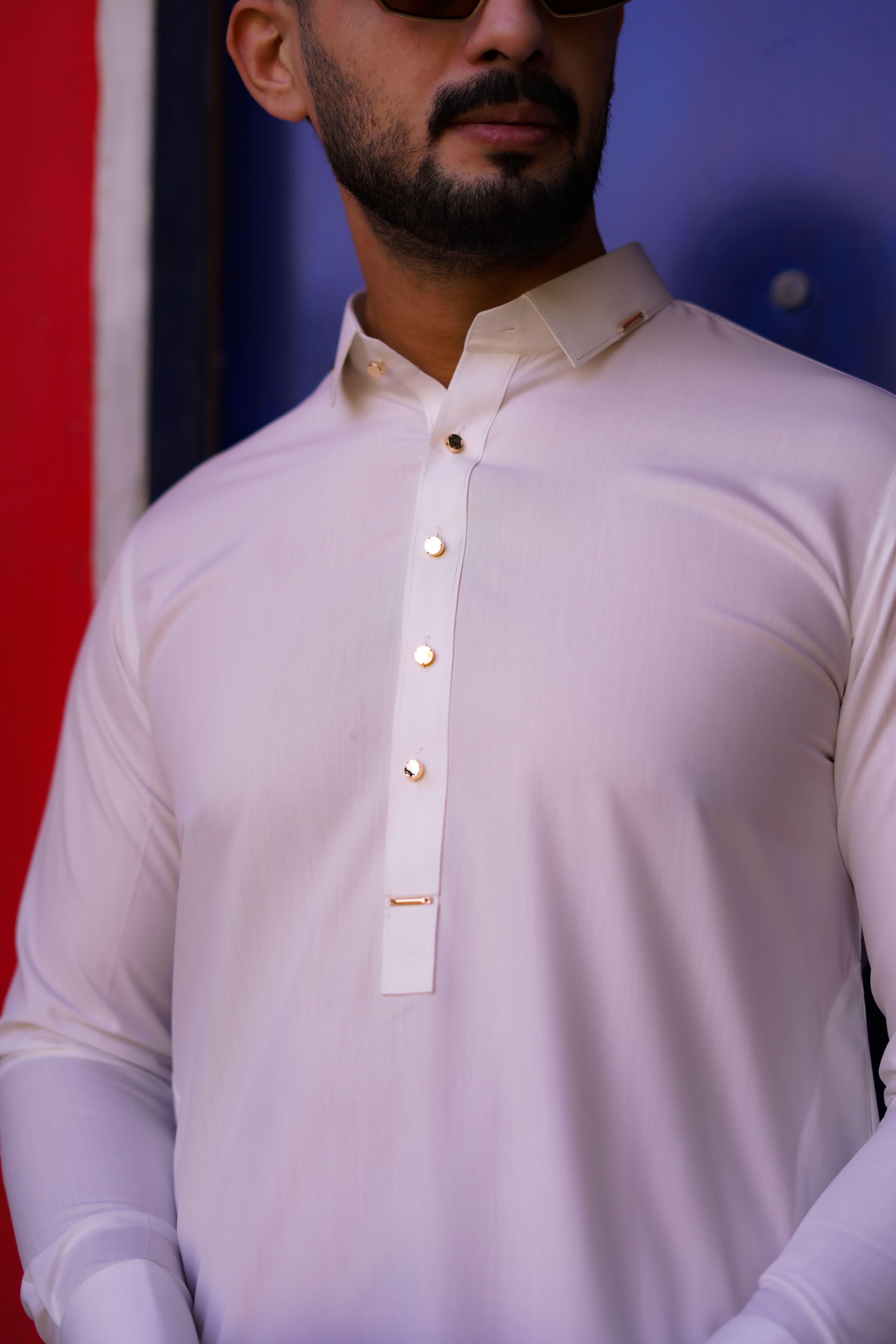 Off White Blended Wash n Wear With Golden Accessories